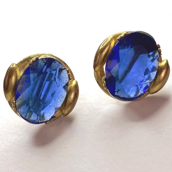 VTG 40s 50s Mid Century Gold Tone Screw Back Earrings Cobalt Blue Glass - Picture 5 of 16